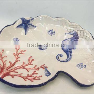 Marine series of embossed 3D hand-painted ceramic shell-shape plate