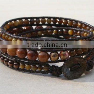 Shell Bead Triple Wrap Leather Beaded Bracelet. Artisan crafted hammered copper button. Coffee and Caramel