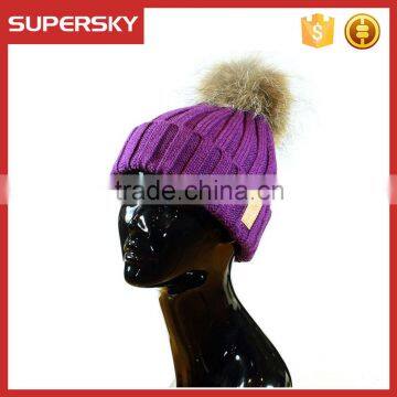 A-535 custom crochet ribbed pom hat wide brim cuff ribbed beanie wool chunky ribbed beanie with pom