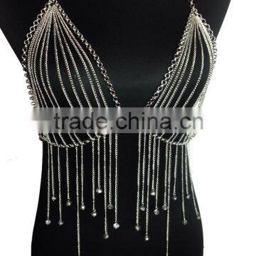 Multi Chain Necklace Long European And American Big Exaggerated Alloy Body Chain Tassel Silver Crystal Necklace photo-6