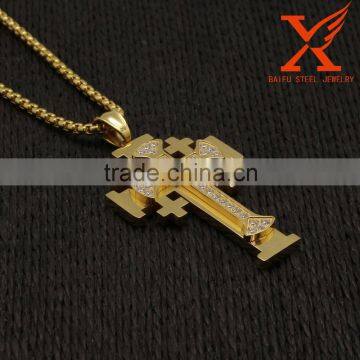 Mens Solid Stainless Steel Gold Double Cross Pendant Iced Out Micro Pave CZ Hip Hop Charm Quality Choice photo-3
