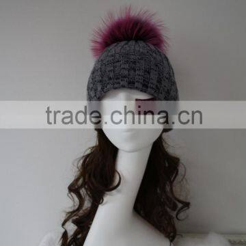 Raccoon fur bubble pompoms women's knitted UK brand with logo hats caps big balls