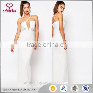 2016 new style sexy ladies plunge neckline pure white christmas dress Missguided Cross Front Mesh Insert Maxi Dress