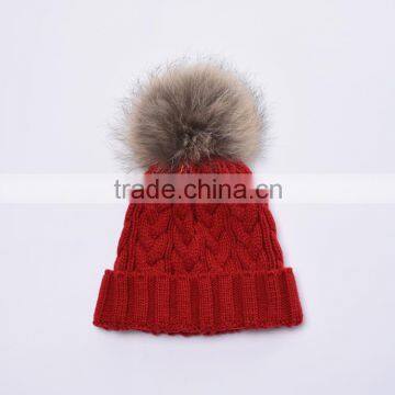 Ladies Knit Hat With Raccoon Fur Pompom for Winter Dobby Image Knit Hat KZ160075 photo-5