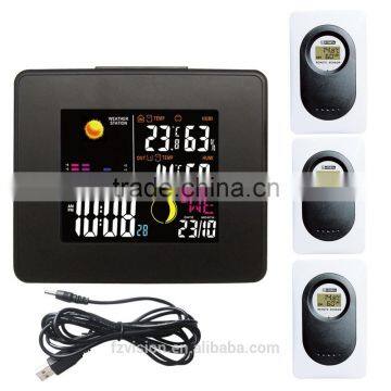 Durable RF Wireless LED Weather Station Clock Black with Backlight In/Outdoor Temperature Humidity with 3 transmitters