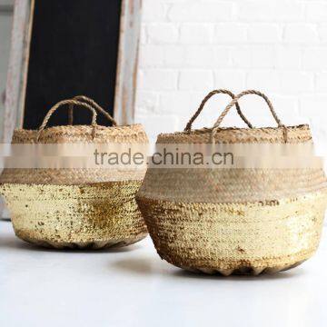 Silver Sequin Belly Basket, Seagrass Dipped Bottom Basket, Folding Basket photo-6