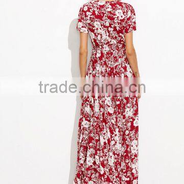 Woman Fashion Short Sleeve Floral Print Button Down Long Maxi Dress photo-5