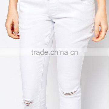 Plain White Knee Ripped Maternity Denim Jeans Wholesale for Women photo-4