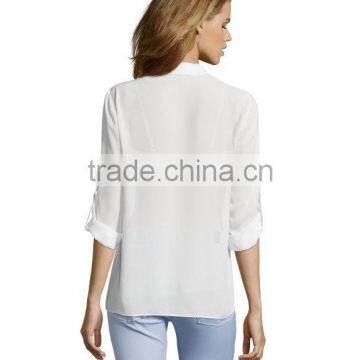 100% Polyester Long Sleeve v Neck Blouse Hi-low Woman Blouse photo-3