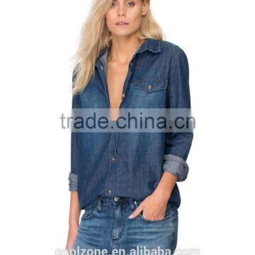 Contrast Topstitch Relaxed Fit Denim Shirt Women Chest Pocket Denim Shirt photo-2