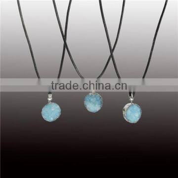 New Fashion Natural Quartz Crystal Druzy /Drusy Necklace Black Cord Silver Tone Blue Round Pendant 44.8cm long