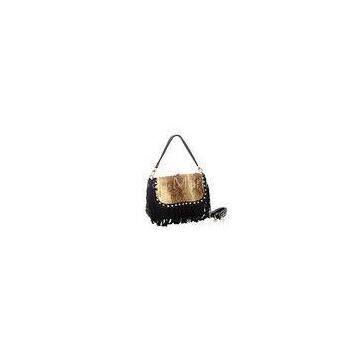 Ladies Black Rabbit Fur Handbags with Crystal Rivets and Suede Leather Fringes