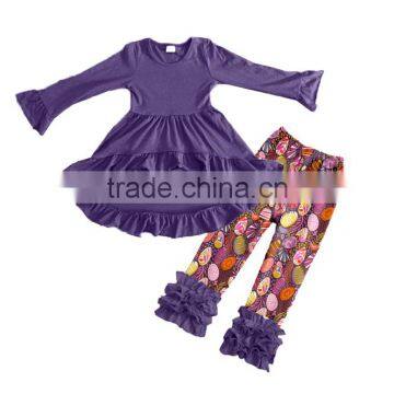 Newest arrival baby girl boutique clothing sets infant baby girls purple cotton ruffle dresses clothes sets and egg pants