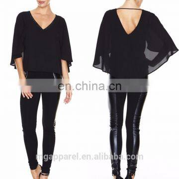 elegant chiffon ladies blouse black beaded V neck woman batwing sleeves blouse