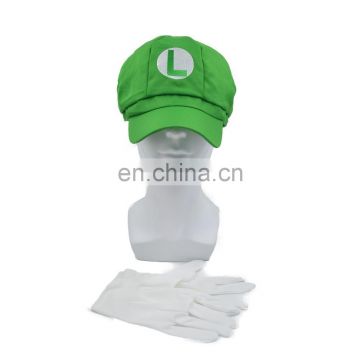 New style funny fancy dress cosplay cheap Super Mario brother adult green Luigi hats and caps with gloves for party MFJ-0053