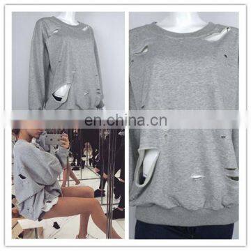 Ladies Sweatshirts Hole Cut Out Distressed Batwing Sleeve Sweater Sweatshirt