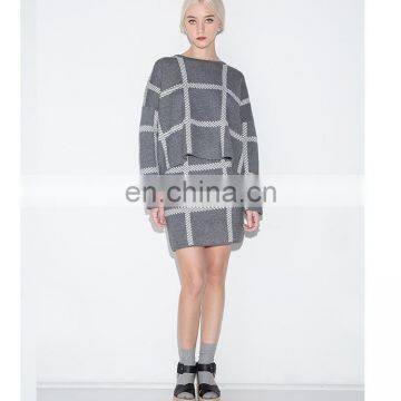Manufacture Wholesale Clothing With Grey Grid Check Stripe Long Sleeve Mini Knit Dress Bureau photo-2