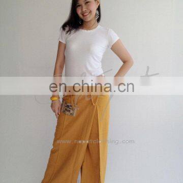 100% Thai Cotton Fisherman Pants Yellow Long Massage Wrap Trouser with Thai Pattern Rim Thai Casual Pants