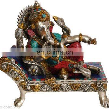 Indian Hindu GOD Ganesha Relax On Bed Stone Work 13" Brass Silver Hue Statue Hindu Art 12.2KG ELEPHANT Lord Ganesha statue decor