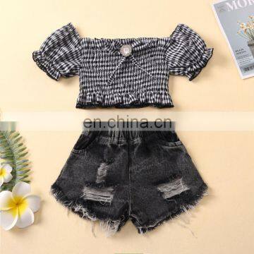 2020 Summer Fashion New Children's Wear Set Girls Bubble Sleeve Plaid Pearl Top Short Sleeve + Elastic Waist Denim Shorts