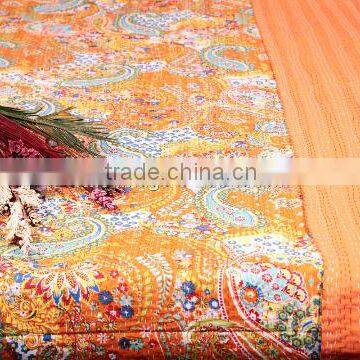 Indain Kantha Queen Quilt Handmade Reversible Queen Size Gudari Bohemian Throws Blanket
