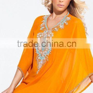 2014 New Arrive High Quality Kaftan Evening Dress with Beading and V-Neck Three Quarter Sleeve Charming Kaftan Evening Dress