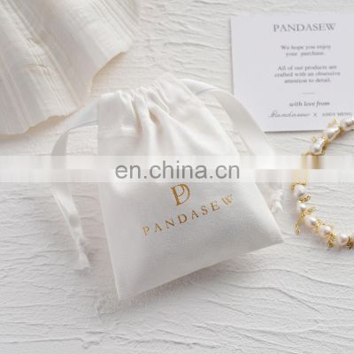 PandaSew Custom Logo Luxury Suede Drawstring Package Jewelry Bag with White Ribbons Jewelry Pouch