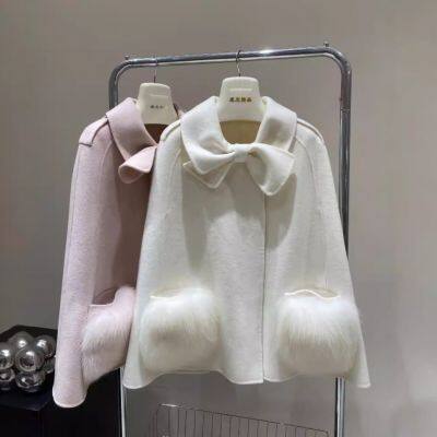 Bow 2024 Winter Cashmere coat New style, real fox fur pocket double-sided woolen coat, wool cloak fur