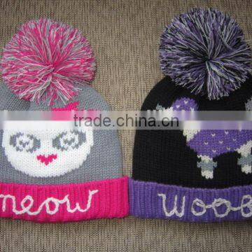 custom winter knitted jacquard beanie hat in cute cartoon pattern with big pom and hand crochet decoration for girls and ladies