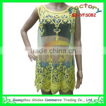 Original summer design fashion blouse women yellow sleeveless embroidery blouse