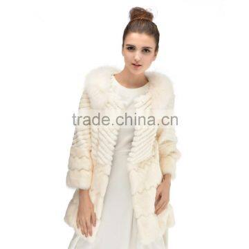 Beige color High quality rex rabbit fur coat with fox fur collar