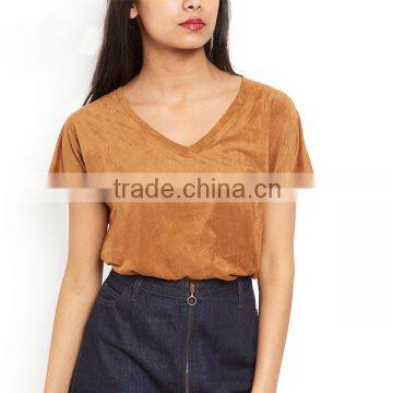 Womens Fashion Faux Suede Boho TShirt Top V-Neck Tops Thin Fabric T-shirt OEM Supplier China