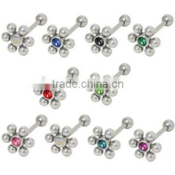 Barbell Tongue Ring With Jeweled Flower