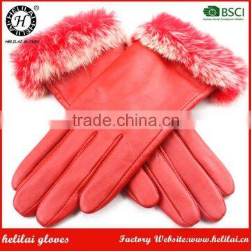 New Collection Winter Fashion Ladies Leather Gloves with Rabbit Fur Cuff