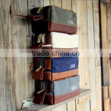 High Quality and Personalized Waxed Canvas and Leather Bag , Waxed Canvas Zipper Pouch With Leather Accents , Waxed Canvas Pouch