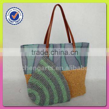 High quality irregular vertical stripes paper straw and polyester material beach bag crochet handbag containing beach hat