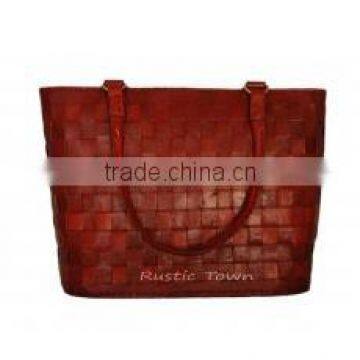 Handmade Red Leather Tote with Checks 13"