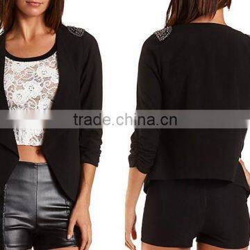 Custom Design Elegant Beaded Shoulder Open Women Blazer