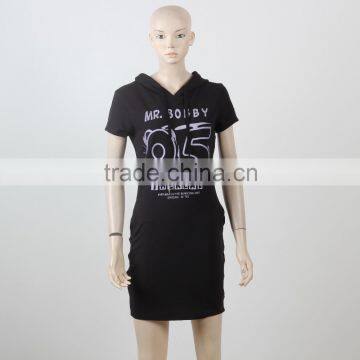 Short sleeve hoodie dress with print black color casual dress sports wear guangzhou women clothes