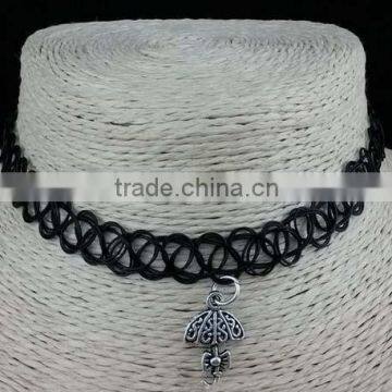 Black elastic nylon rope with antique silver alloy umbrella choker necklace