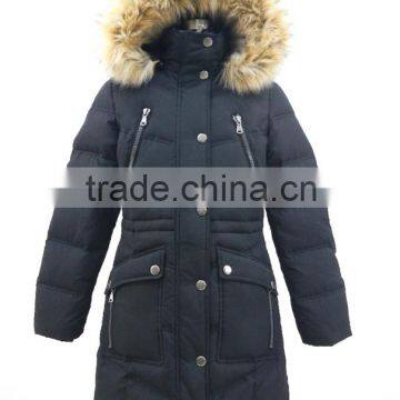Women Winter Faux Fur Hood Toggle Waist Duck Down Feather Puffy Coats