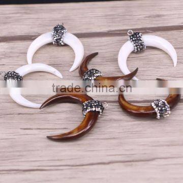 Charm Natural White / Brown Shell Druzy Pendant, Pave Crystal Double Horn Pendant photo-2