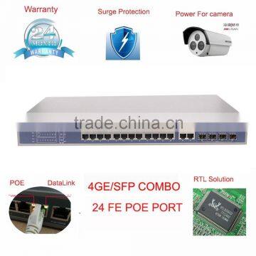 PoE switch 24 Ports with 4 giga SFP/TP combo uplink ports 10/100Mbps network switch high grade best price