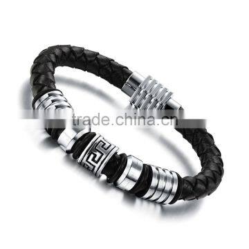 Mens Genuine Leather Bracelet with Magnetic Clasp Stainless Steel Beads