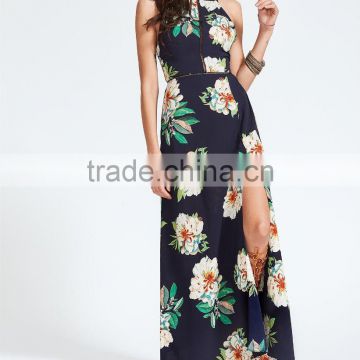 Floral Maxi Summer Dress Women Navy Bow Tie Open Back Sexy Beach Dresses 2017 New Elegant Slit Hem Vintage Long Dress