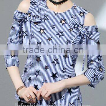 2017 Summer Newest Fashion Round Neck Cold Shoulder Blouse With Stars Pattern photo-2