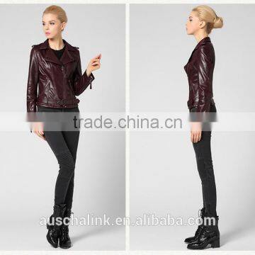 Newest German Style Lady Pure Lambskin Trendy Red Wine Leather Jacket photo-5