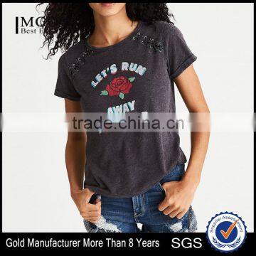 MGOO 2017 Summer Lace-up Graphic T-shirt With Grommets Ladies Sublimation Print Design Fashion T Shirt