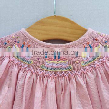 Children Cotton Frocks Designs Pink Corduroy Embroidered Cake Baby Girls Birthday Party Smocked Dresses photo-2