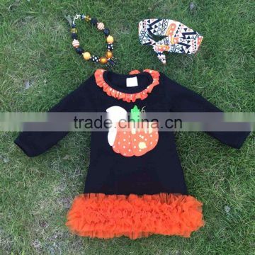 2015 new kids ruffle dresses girls cute dress Halloween boutique pumpkin ghost dress with necklace and headband